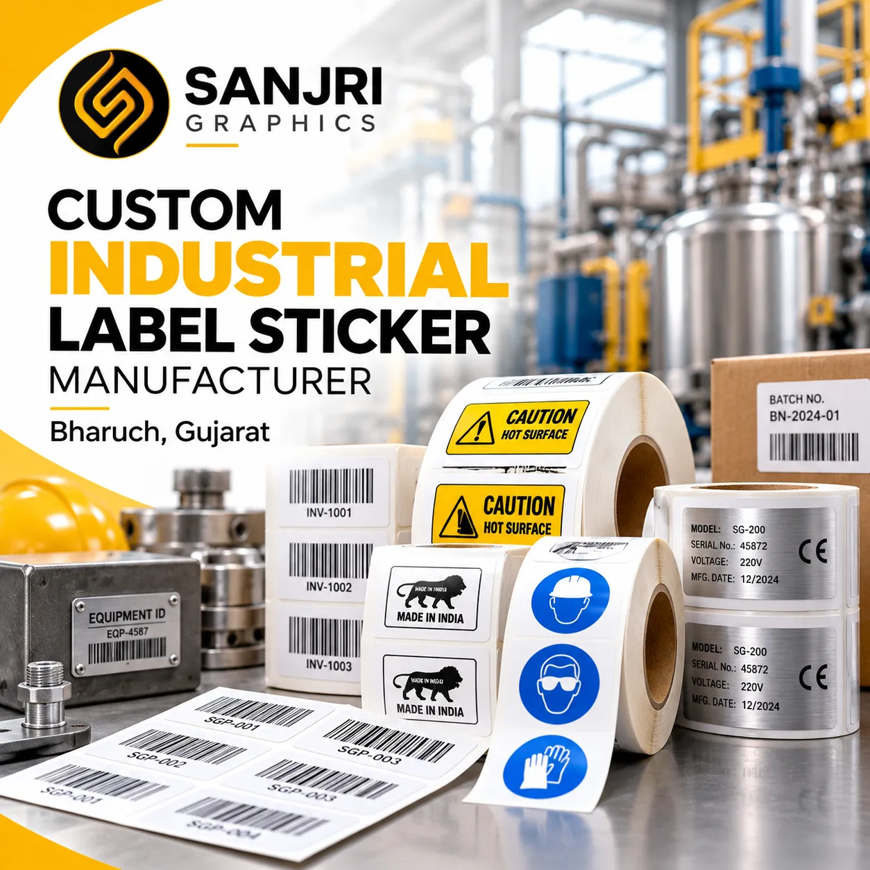 Custom Industrial Label sticker manufacturer Bharuch Gujarat Sanjri Graphics