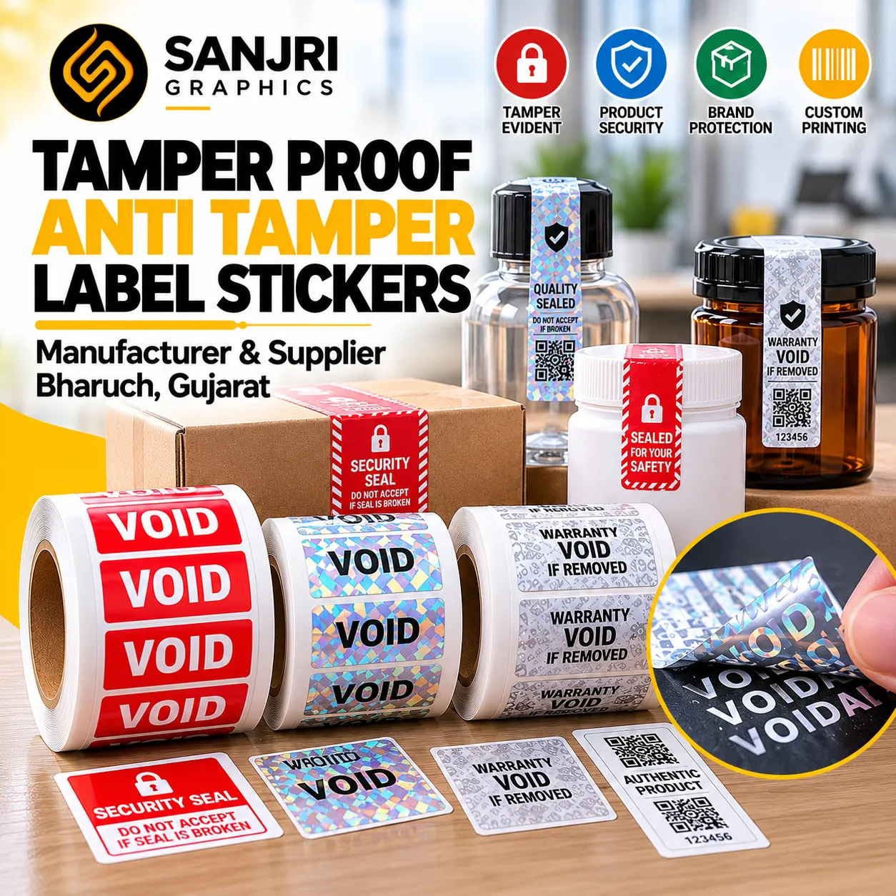 Tamper Proof Labels Manufacturer Bharuch Gujarat by Sanjri Graphics